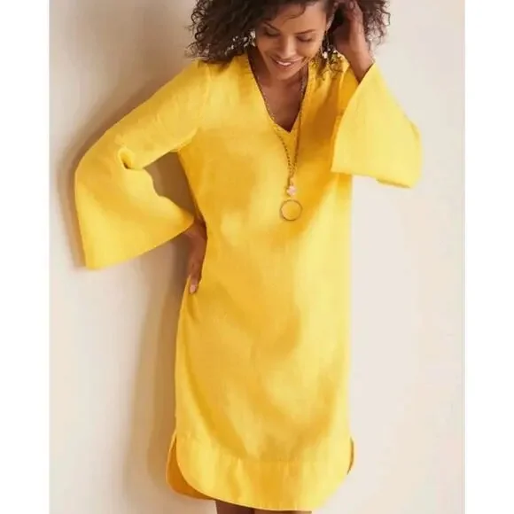 Soft Surroundings Milano Linen Dress Sunstruck Yellow M Relaxed Minimal Coastal - Picture 1 of 8